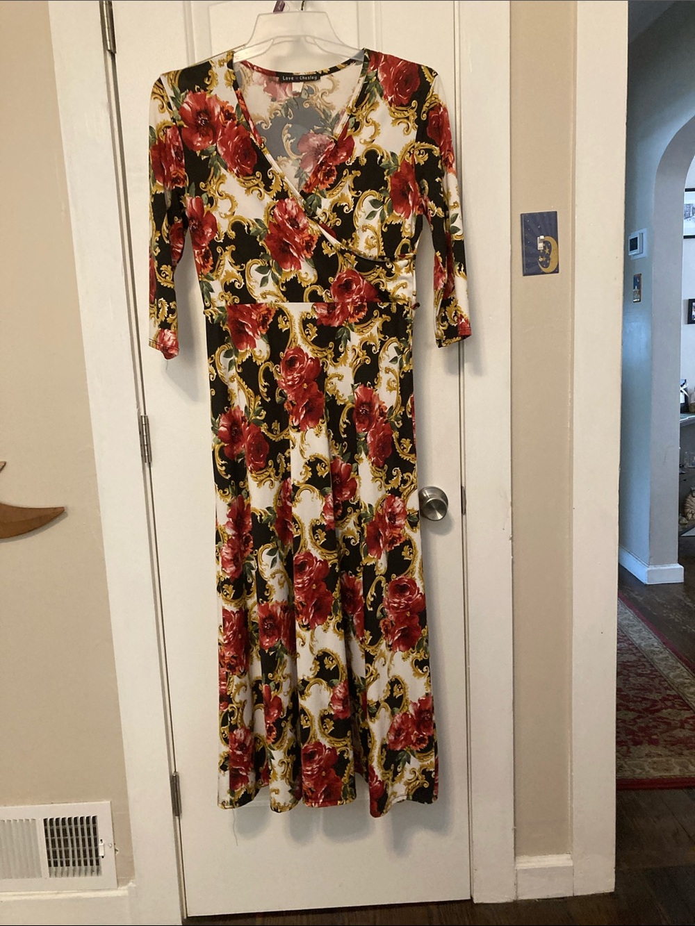 Floral Wrap-Style Long Sleeve Maxi Dress in Red and Black